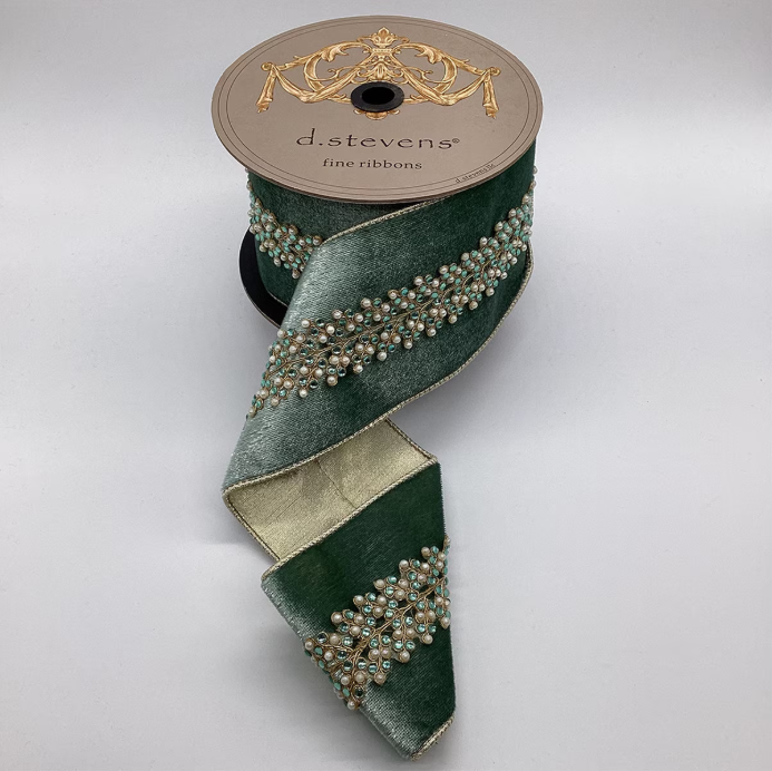 4” x 5yds Ice Velvet Pearl Jewel Center Branch, Celadon Wired Ribbon
