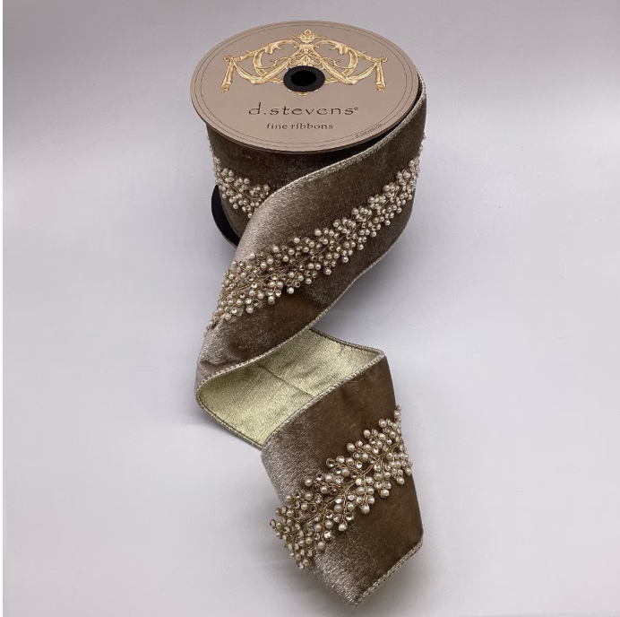 4“x 5yds Ice Velvet Pearl Jewel Center Branch, Platinum Wired Ribbon