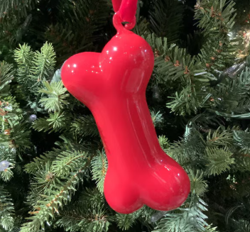 4.5in Glass Hand Blown Dog Bone Ornament, Red