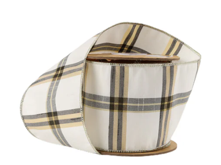 4" x 10 Yds Plaid Wired Ribbon, Ivory/Black/Gold