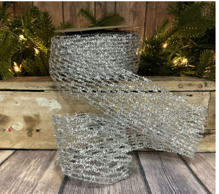 dstevens 2.5" x 10 Yds Metallic Diamond Stretch Tinsel Wired Ribbon, (Platinum, Silver)
