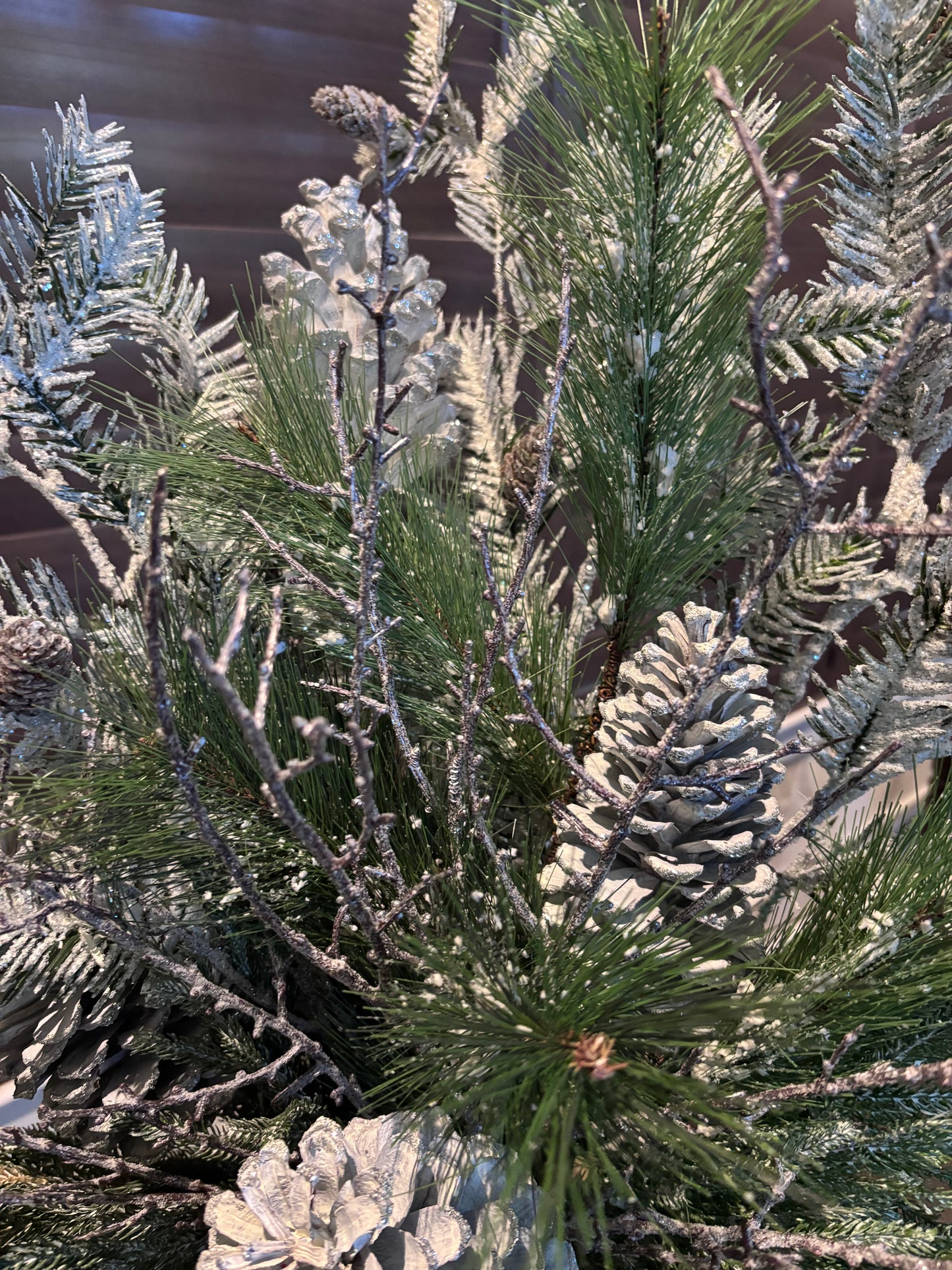 Faux Lightly Flocked Arrangement with Oversized White Pinecones in Vase