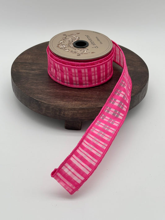 dstevens 1.5" x 10 Yds Chiffon Satin Plaid Wired Ribbon, Hot Pink