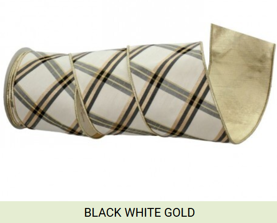 4" x 10 Yds Plaid Dupion Stripe Ribbon, Gold, White, Black