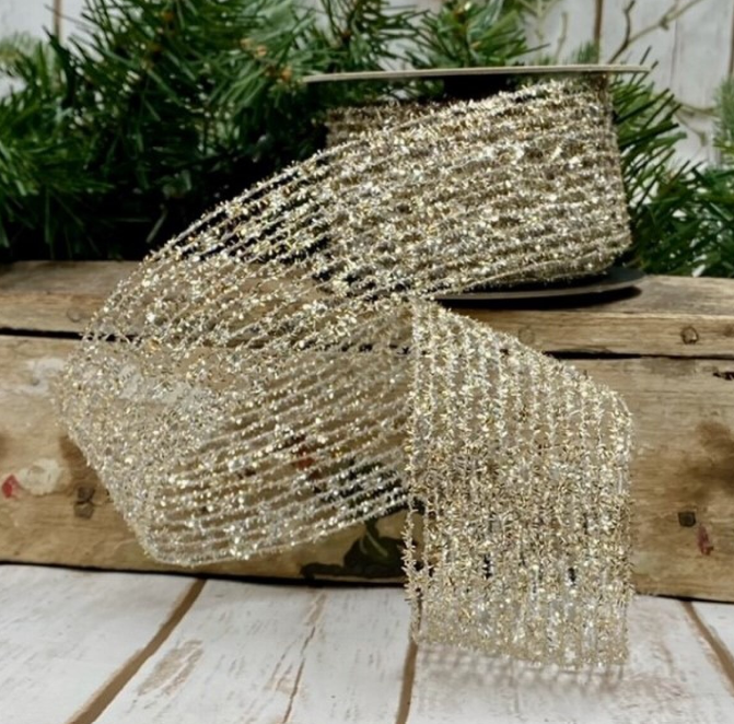 dstevens 2.5" x 10 Yds Metallic Diamond Stretch Tinsel Wired Ribbon, Platinum