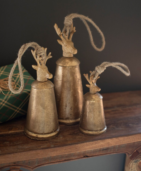 Antique Gold Metal Christmas Bells with Deer Finial (Set of 3)