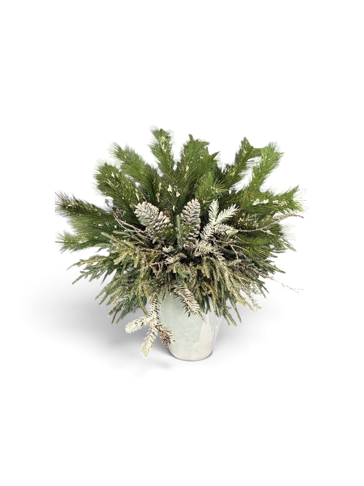 Custom Faux Lightly Flocked Arrangement with Oversized White Pinecones in Vase