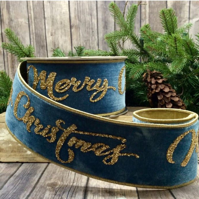 4” x 10yds Velvet Gold Glitter Merry Christmas, Dusty Blue