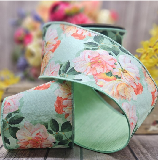 dstevens 4" x 10 Yds Dupion Garden Roses, Peach Green