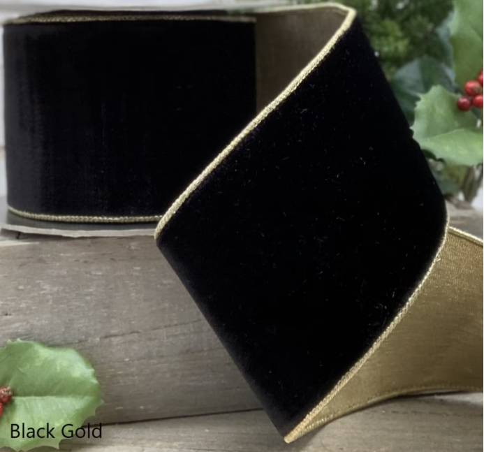 4“ x 10yds Lush Velvet Metallic Light Gold Back, Black Wired Ribbon