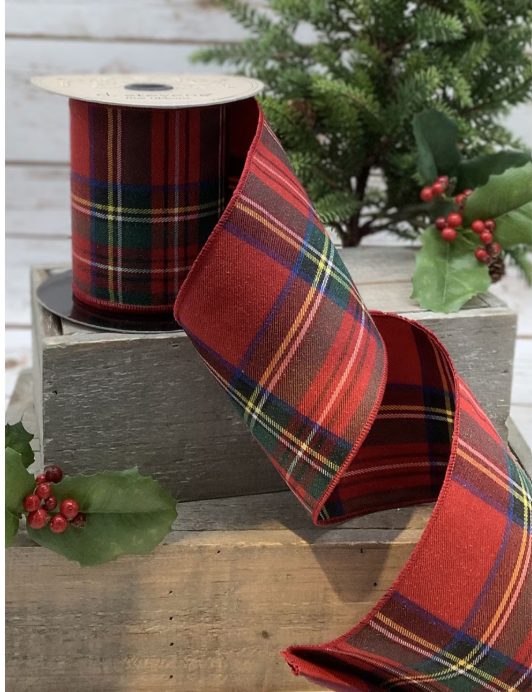 dstevens 4" x 10 Yds Faux Wool Wired Ribbon, Traditional Tartan, Red-Green