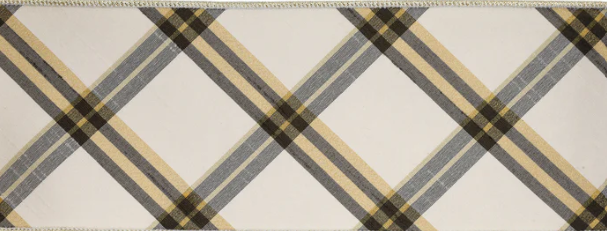 4" x 5 Yds Plaid Wired Ribbon, Ivory/Black/Gold