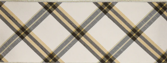 4" x 5 Yds Plaid Wired Ribbon, Ivory/Black/Gold