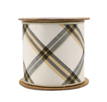 4" x 5 Yds Plaid Wired Ribbon, Ivory/Black/Gold