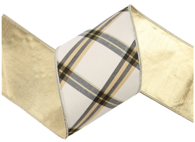 4" x 5 Yds Plaid Wired Ribbon, Ivory/Black/Gold