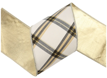 4" x 5 Yds Plaid Wired Ribbon, Ivory/Black/Gold