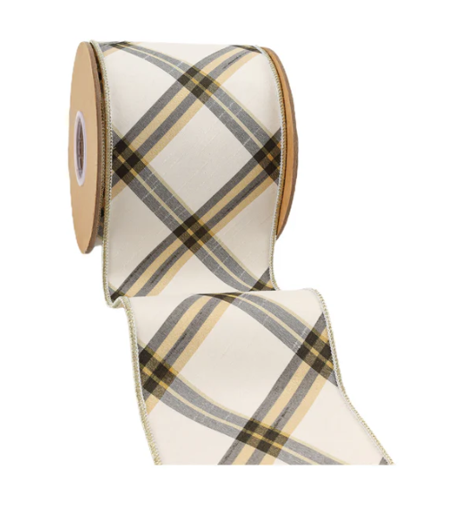 4" x 5 Yds Plaid Wired Ribbon, Ivory/Black/Gold