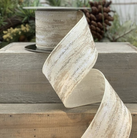 dstevens 4” x 10 Yds Faux Linen Birch Platinum Glitter Bark Wired Ribbon, Cream