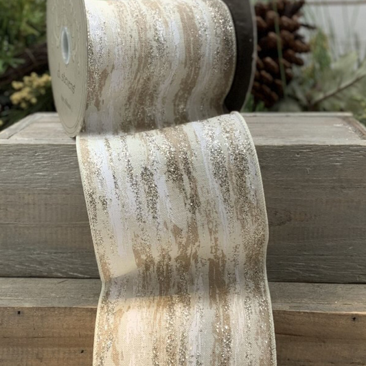 dstevens 4” x 10 Yds Faux Linen Birch Platinum Glitter Bark Wired Ribbon, Cream