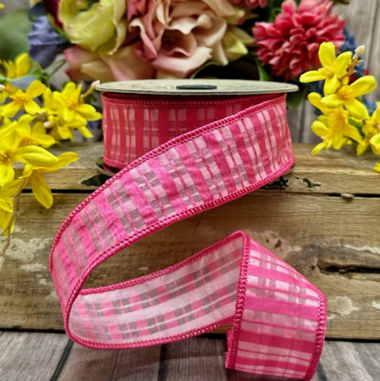 dstevens 1.5" x 10 Yds Chiffon Satin Plaid Wired Ribbon, Hot Pink