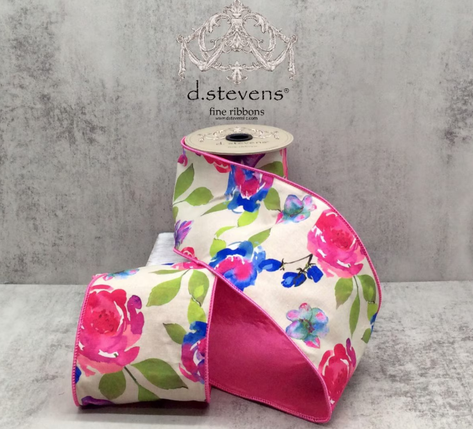 dstevens 4" x 5 Yds Poplin Abstract Roses Wired Ribbon, Pink Blue Green