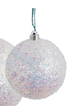 6" White/Iridescent Glitter Tinsel Ball Ornament