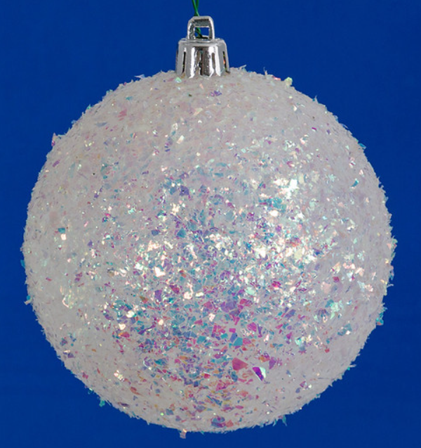 6" White/Iridescent Glitter Tinsel Ball Ornament