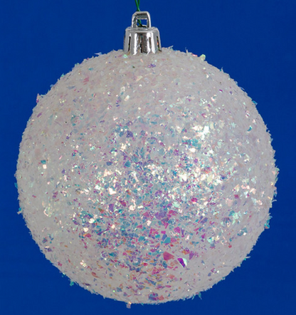 6" White/Iridescent Glitter Tinsel Ball Ornament