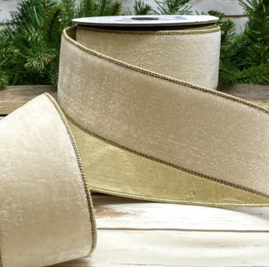2.5“ x10yds Luxe Velvet with Gold Metallic Back, White Wired Ribbon