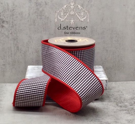dstevens 2.5" x 10 Yds Faux Dupion Mini Check Wired Ribbon, Red Back, Black-White