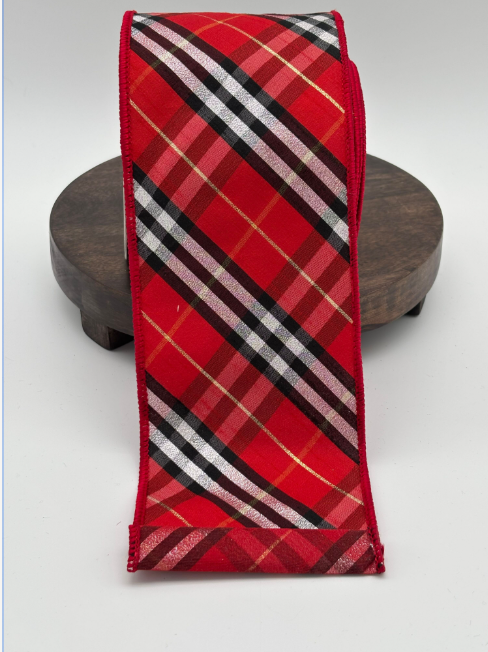 4" x 10 Yds Bias Plaid Royal Dupioni Wired Edge Ribbon, Red/Black/White