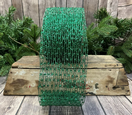 dstevens 4" x 10 Yds Metallic Diamond Stretch Tinsel Wired Ribbon, Emerald