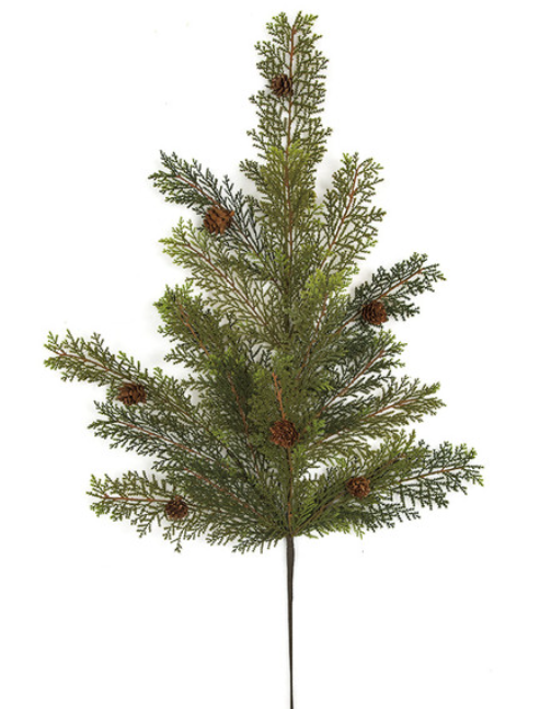 30" Natural Touch Cedar Spray with Mini Brown Pinecones, Green/Brown