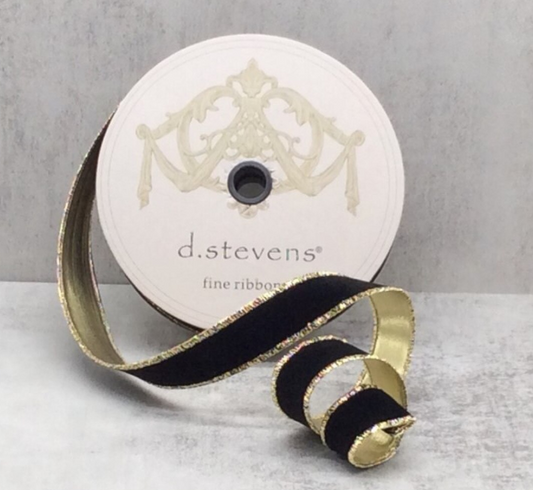 dstevens 1" x 25 Yds Flocked Velvet Metallic Gold Back Wired Ribbon, Black