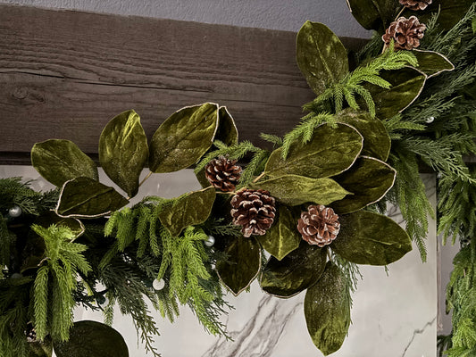 48" Velvet Magnolia Pinecone Garland