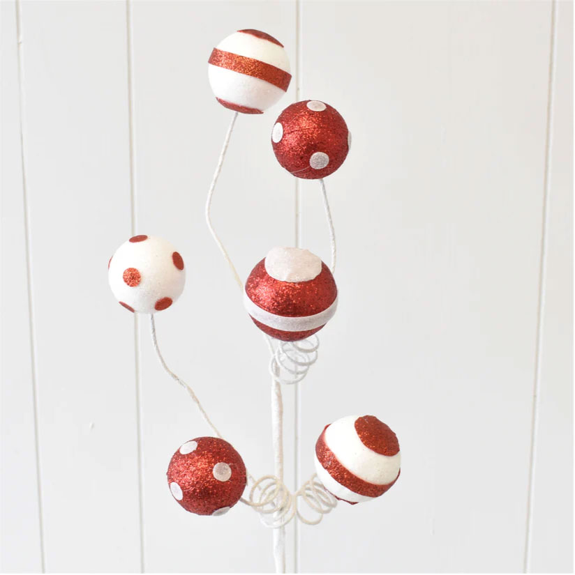 24" Dots and Stripes Spiral/Ball Spray, White/Red