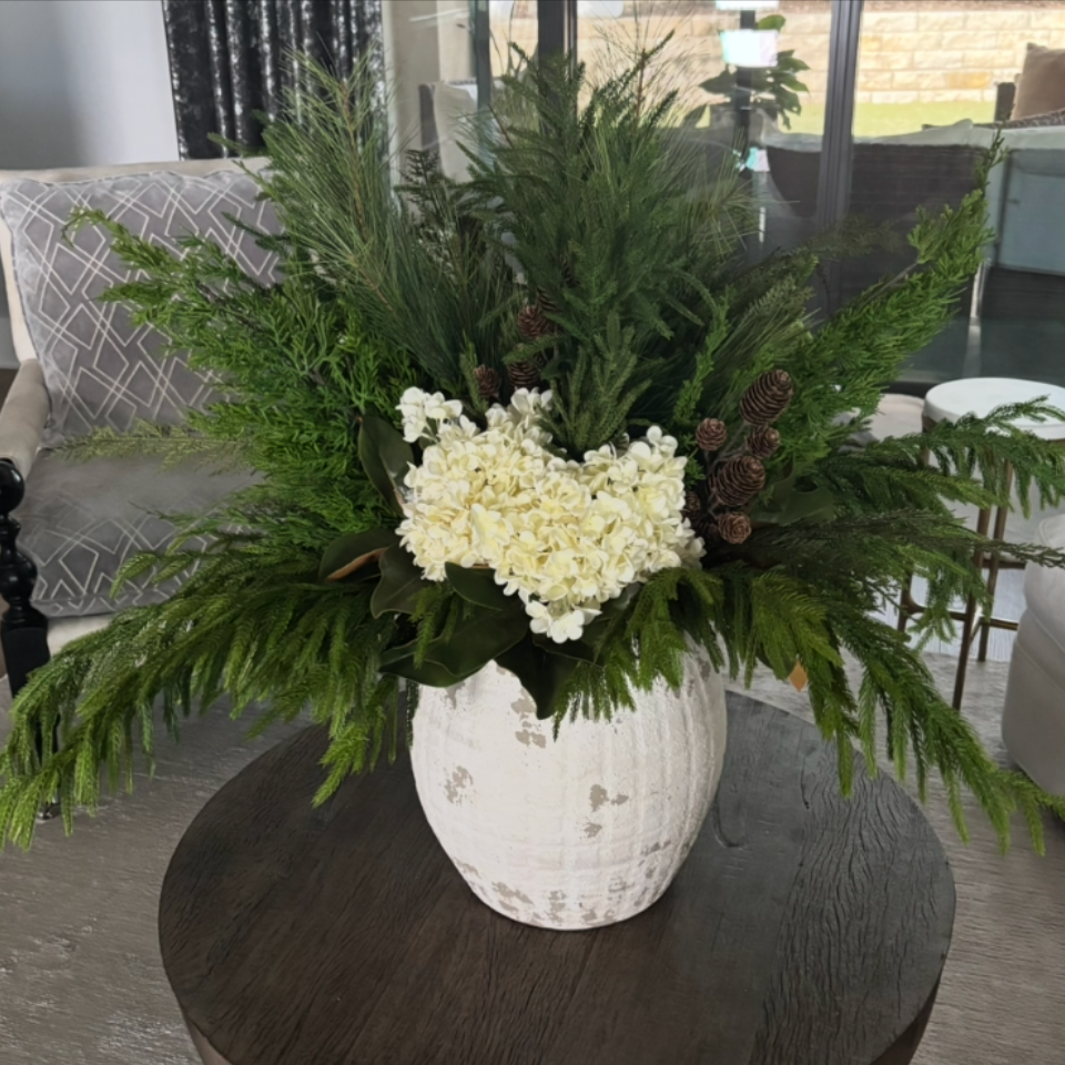 Faux Arrangement with Magnolia Leaves and Hydrangea Stems in Decorative Vase