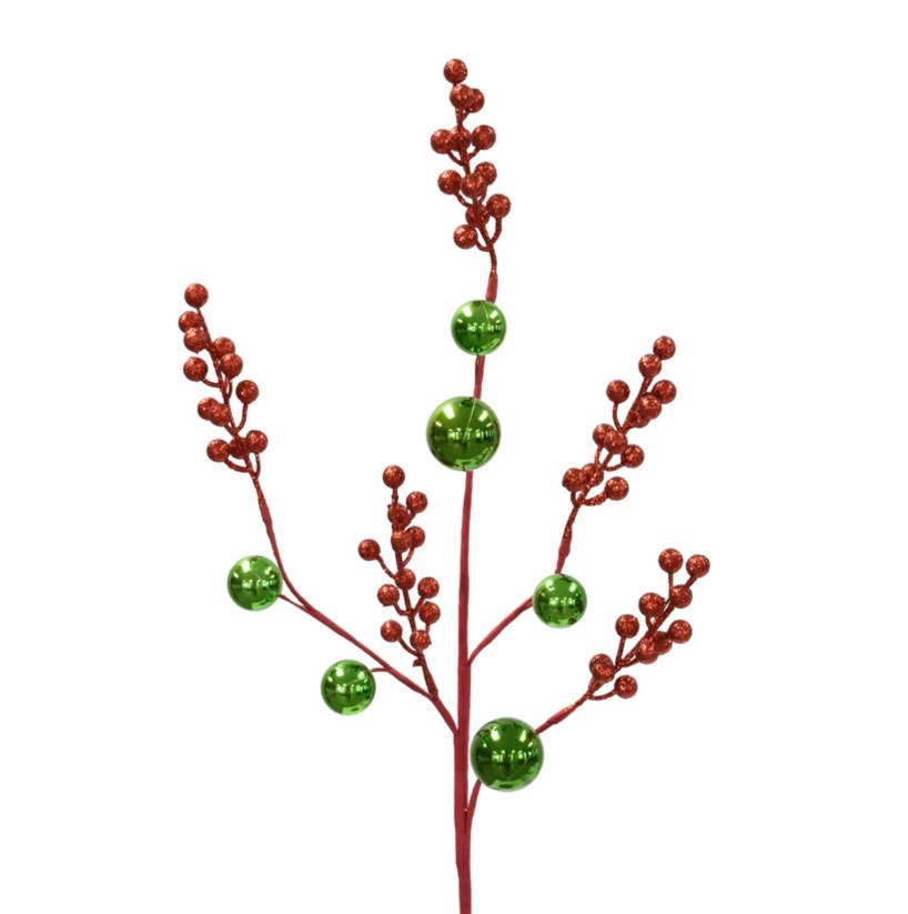28.5" Glittered Berry/Shiny Ball Spray, Red/Green