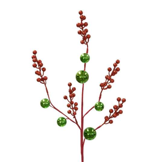 28.5" Glittered Berry/Shiny Ball Spray, Red/Green