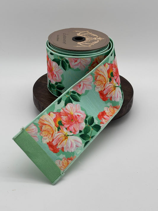 dstevens 4" x 10 Yds Dupion Garden Roses, Peach Green