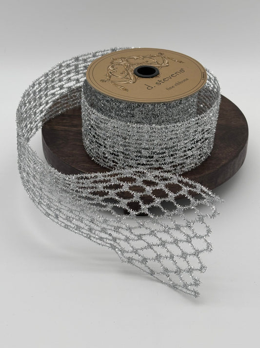 dstevens 2.5" x 10 Yds Metallic Diamond Stretch Tinsel Wired Ribbon, Silver