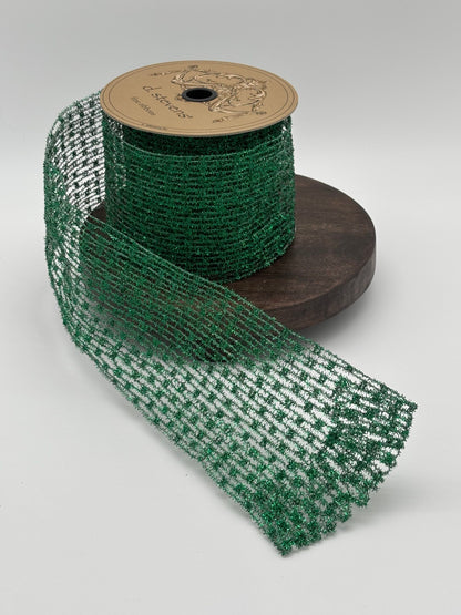 dstevens 4" x 10 Yds Metallic Diamond Stretch Tinsel Wired Ribbon, Emerald
