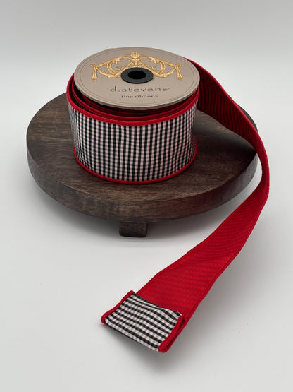 dstevens 2.5" x 10 Yds Faux Dupion Mini Check Wired Ribbon, Red Back, Black-White