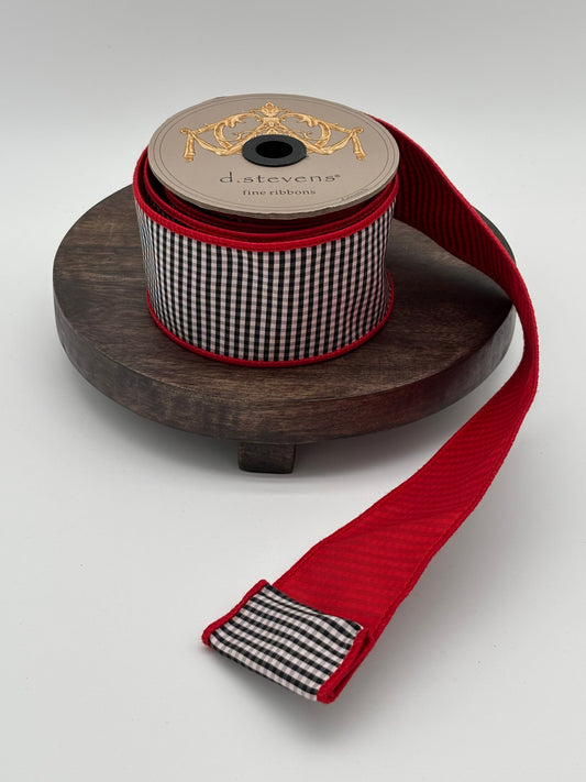 dstevens 2.5" x 10 Yds Faux Dupion Mini Check Wired Ribbon, Red Back, Black-White