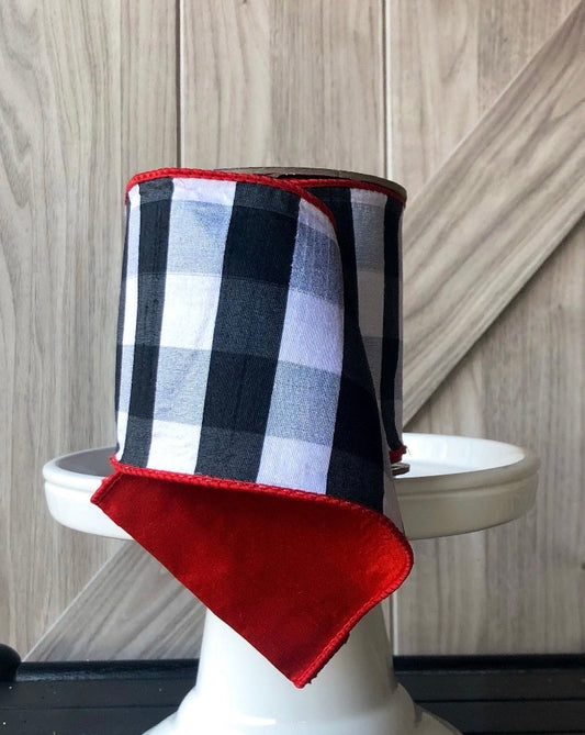 Farrisilk 4" x 10 Yds Buffalo Check Ribbon - Black/White - Red Backing
