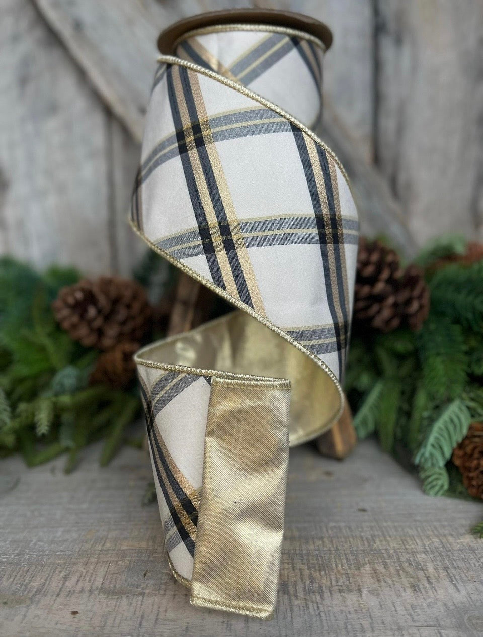 Plaid Wired Ribbon, Ivory/Black/Gold (Multiple Widths)