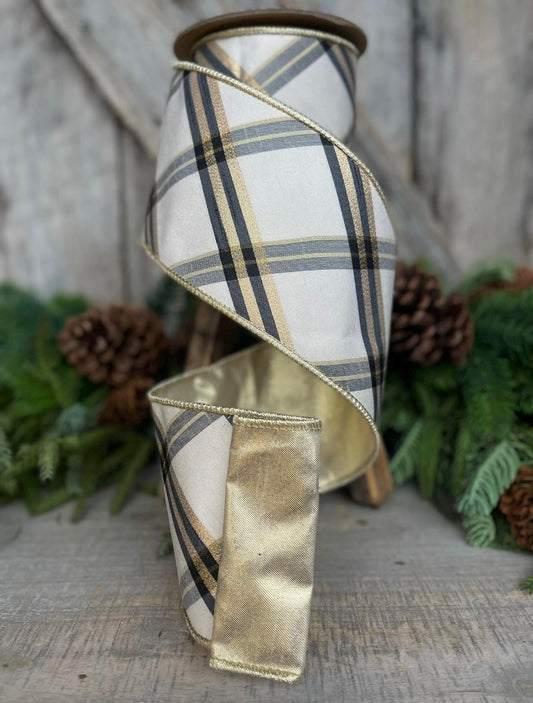 Plaid Wired Ribbon, Ivory/Black/Gold (Multiple Widths)