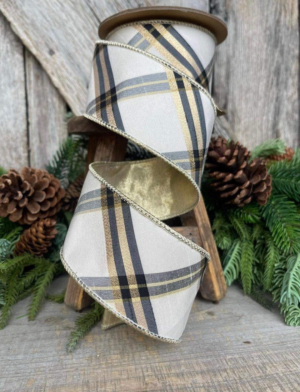 Plaid Wired Ribbon, Ivory/Black/Gold (Multiple Widths)