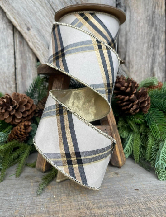 Plaid Wired Ribbon, Ivory/Black/Gold (Multiple Widths)