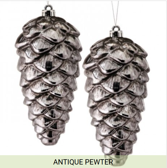 10" Pair of Metallic Pine Cone Ornaments, Antique Pewter
